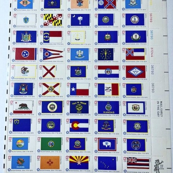 50 State Flags 1976 Postage Stamp Sheet, Unused Vintage USA Scott 1633 - 1682 - Picture 1 of 3